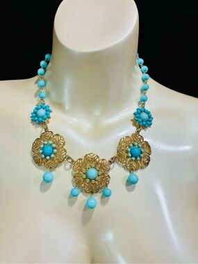 Turquoise Bead & Gold Flower Statement Necklace Renaissance Revival Bridgerton